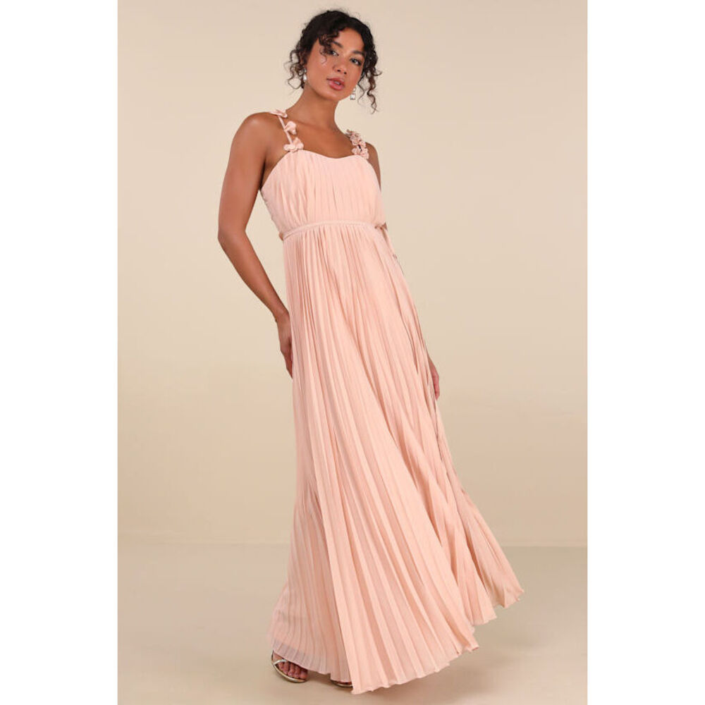 Lulus Hera Blush Pleated Floral Applique Maxi Dress Pink - Size S